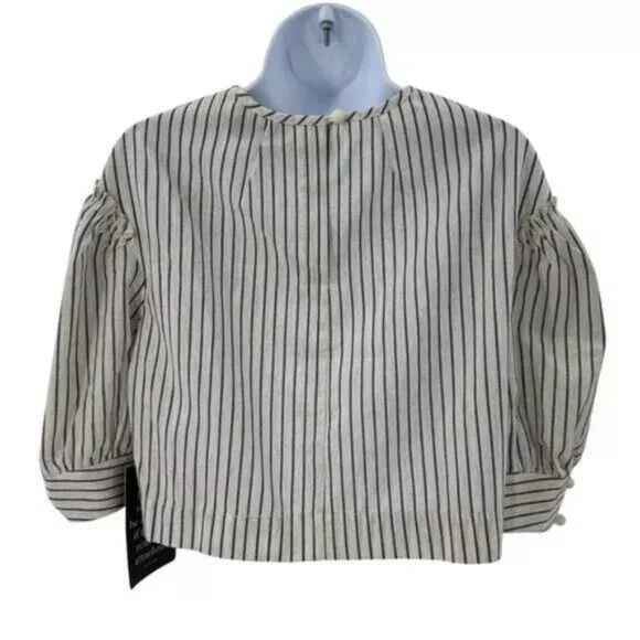 Tuckernuck NEW 100% Linen Stripe Edie Puff Sleeve Chic Cropped Blouse Top Sz XS - Picture 7 of 9